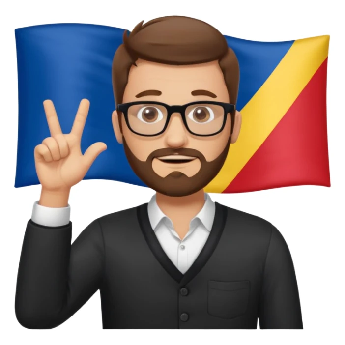 A brown-haired man with a designer stubble beard and rectangle glasses. He pose to show him shrugging - raise both shoulders up in a "I don't know" gesture, In the background the Romania flag. sticker