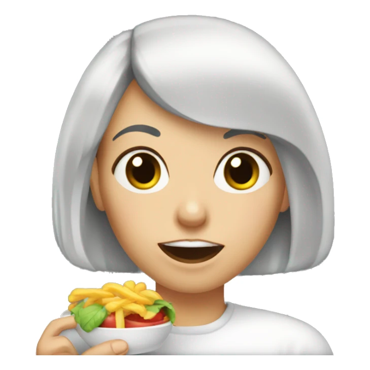 a black-haired white woman with bangs chewing food sticker