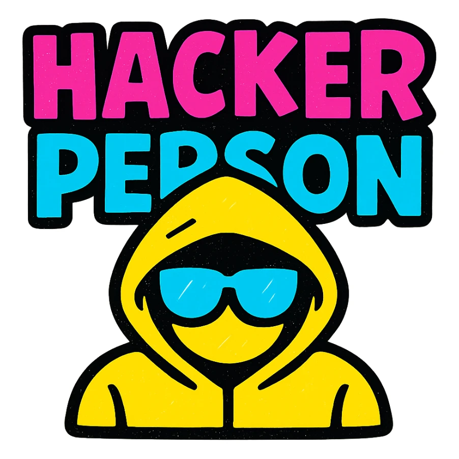 the phrase HACKER PERSON as a bold, eye-catching logo or icon in vibrant pop colors style sticker