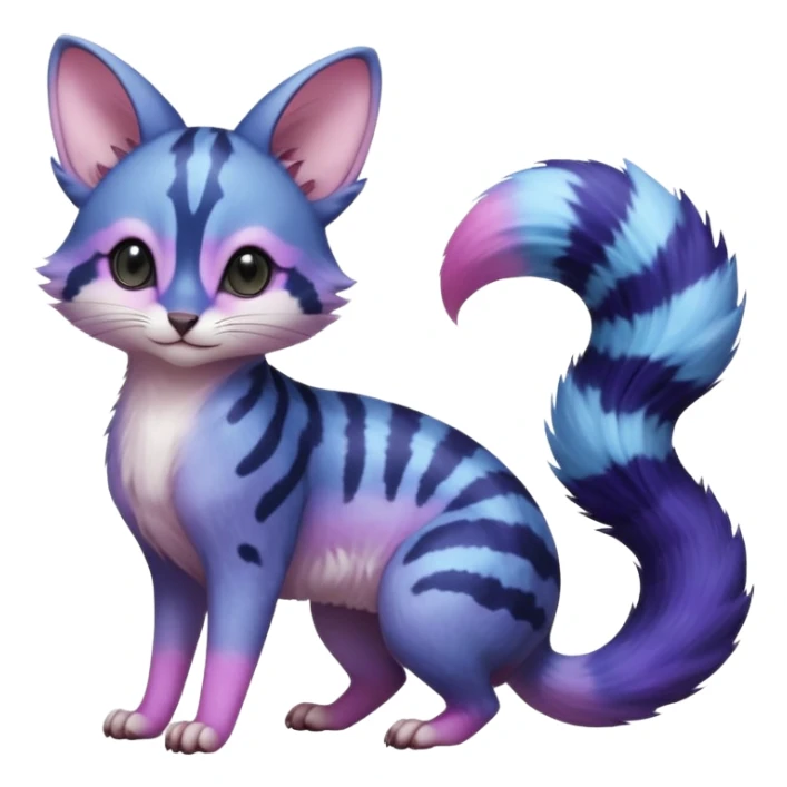 Hyper-realistic Blue-indigo-purple-pink-violet-gradients divine beautiful elegant pretty precious cute young youthful  Fakémon-Pokémon-alien-opossum-feline-serval-caracal-chinchilla-Minccino-hybrid-creature with a big fluffy bushy striped tail (full body) sticker
