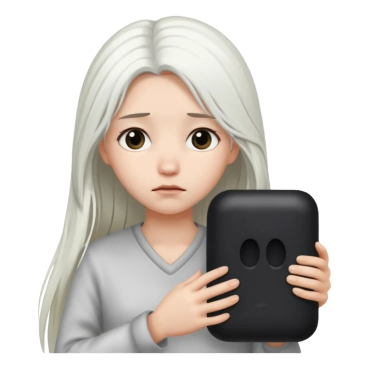 A girl with long white hair is sad and holds a black in her hands sticker
