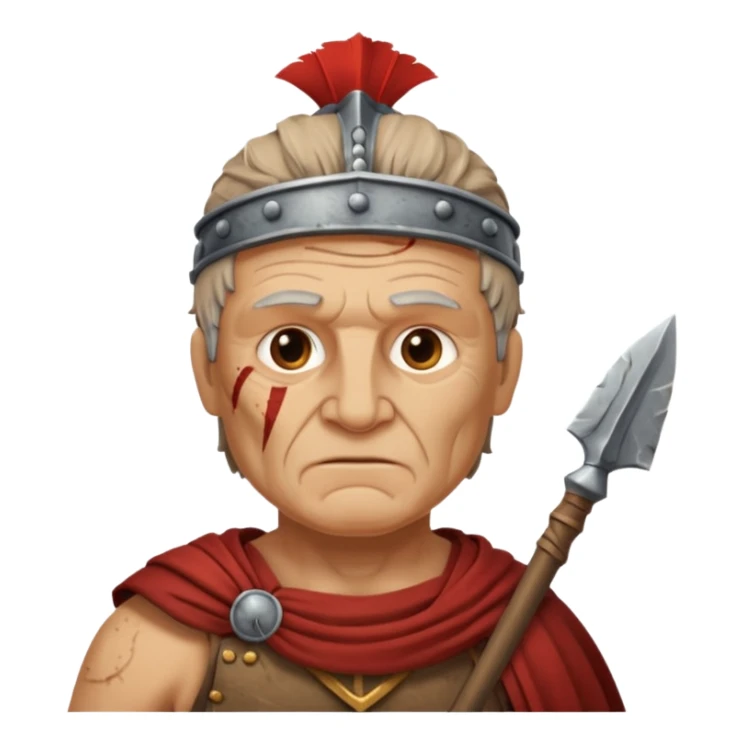 A seasoned Roman veteran with scarred armor, serious expression, gripping his spear.
 sticker