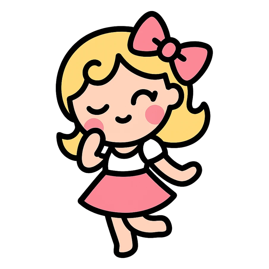 coquette, playful pose, pink and white palette, cute bow, color icon style sticker