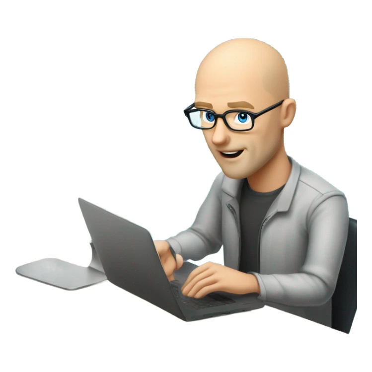 man looks 35 classes, european, tech nerd love pcb designing, blond hair almost bold shorter blue eyes with specs behind macbook on the desk a pcb sticker