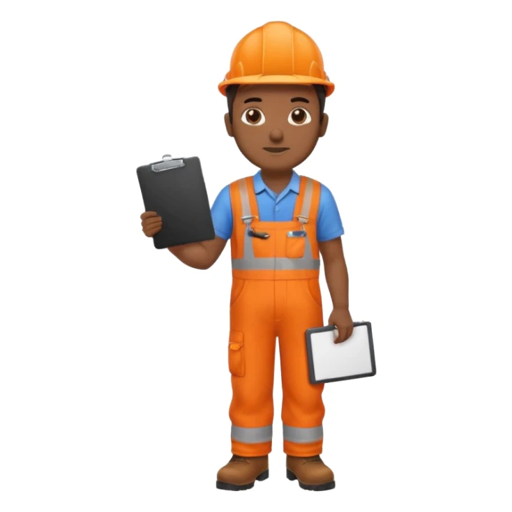 Indian male railway engineer orange overalls, boots holding a clipboard in one hand sticker