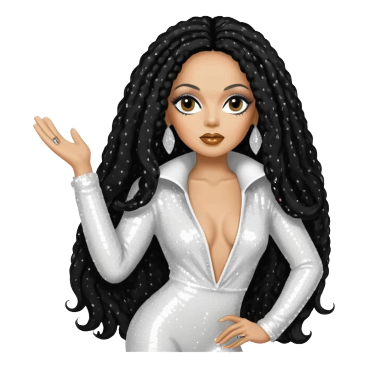 Diana Ross with long jet black hair, white sequin outfit sticker