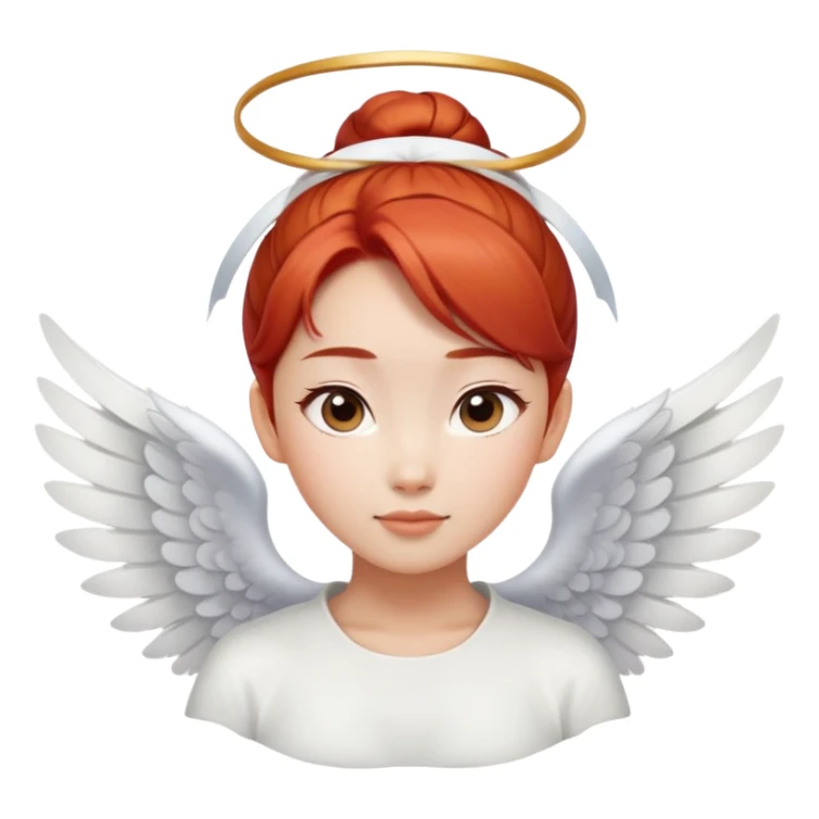 Asian angel with red hair in bun, oval face, and white wings sticker