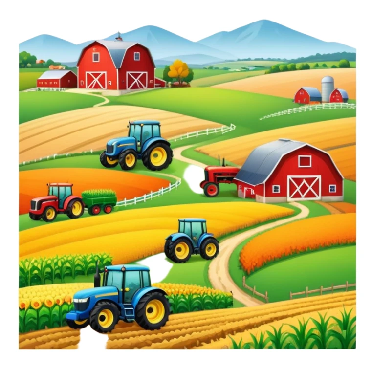 colorful rural landscape, inspired by farming simulators like Farming Simulator 22. The design shows fields, tractors, and barns, with vibrant crops and animals in the background. The peaceful farming scene symbolizes the immersive experience of managing a farm, with a transparent background sticker