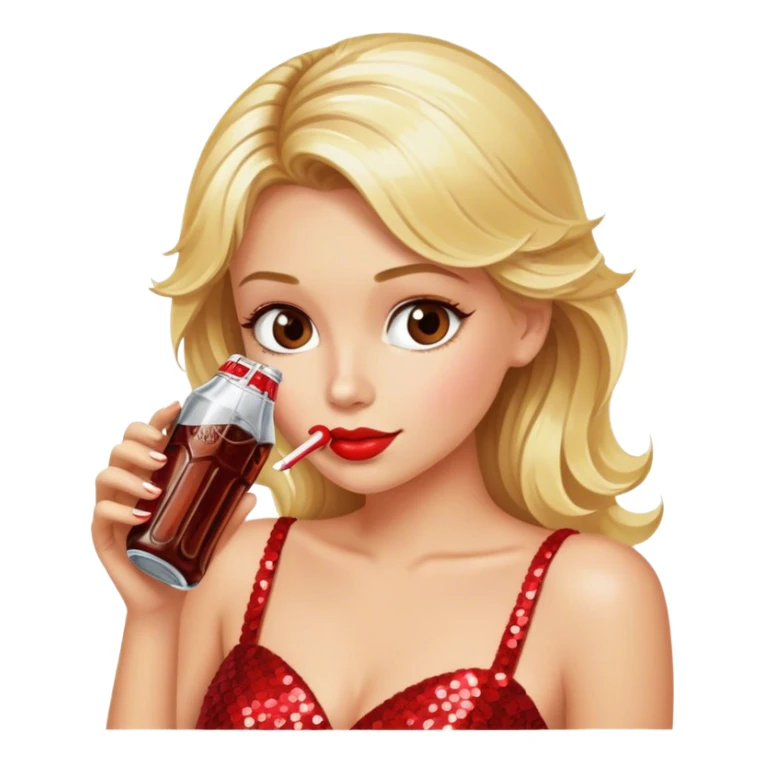 Blonde model wearing red sequin gown sipping diet cola sticker