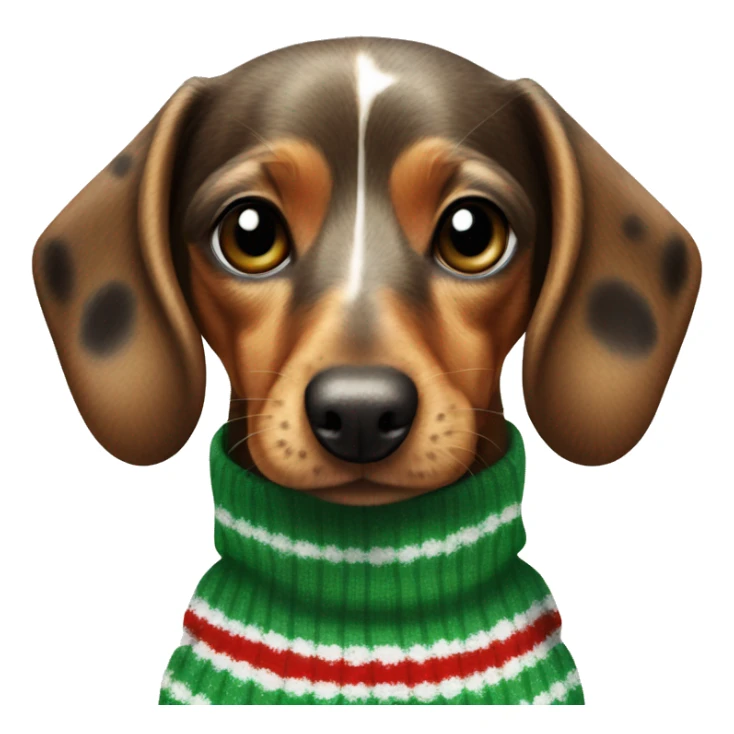 Speckled dachsund wearing a stripy Christmas jumper sticker