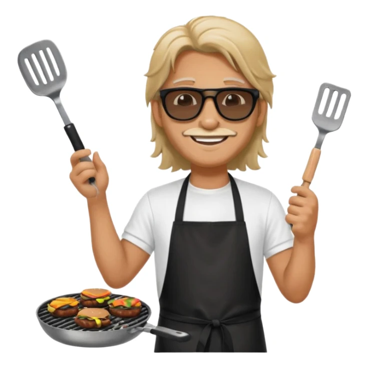 long hair man grilling wearing shade smiling in a white tshirt and a black apron grilling burger and meat on a sizzling grill sticker