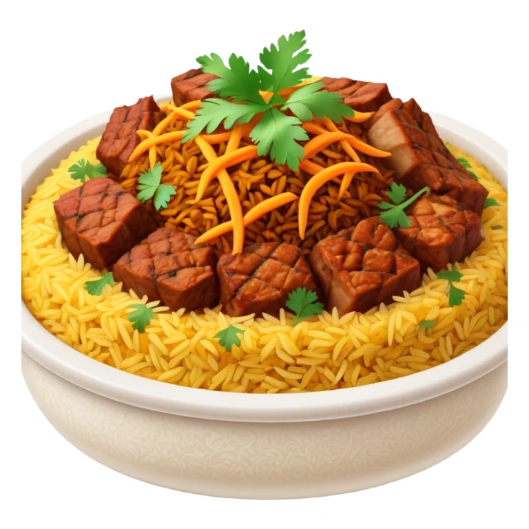 Cinematic Realistic Biryani Dish Emoji, depicted as aromatic basmati rice layered with spiced meat and herbs rendered with vibrant textures and warm, inviting lighting. sticker