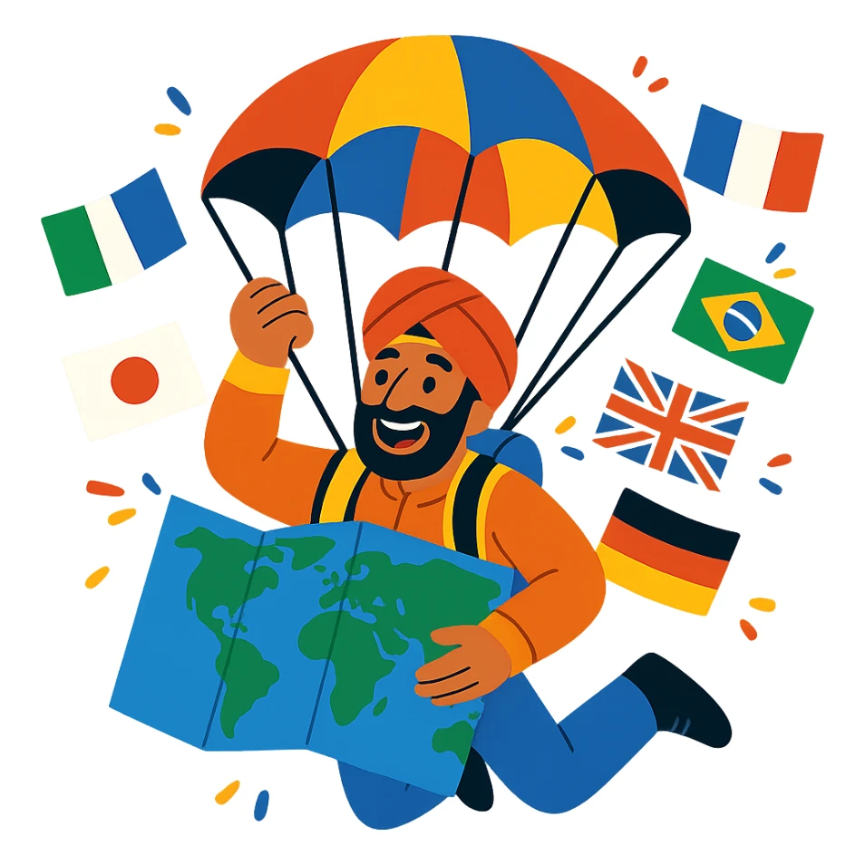 A delighted tourist from cultural descent, parachuting with a world map, current artistic style, bright and vibrant colors, various flags, detailed and animated. sticker