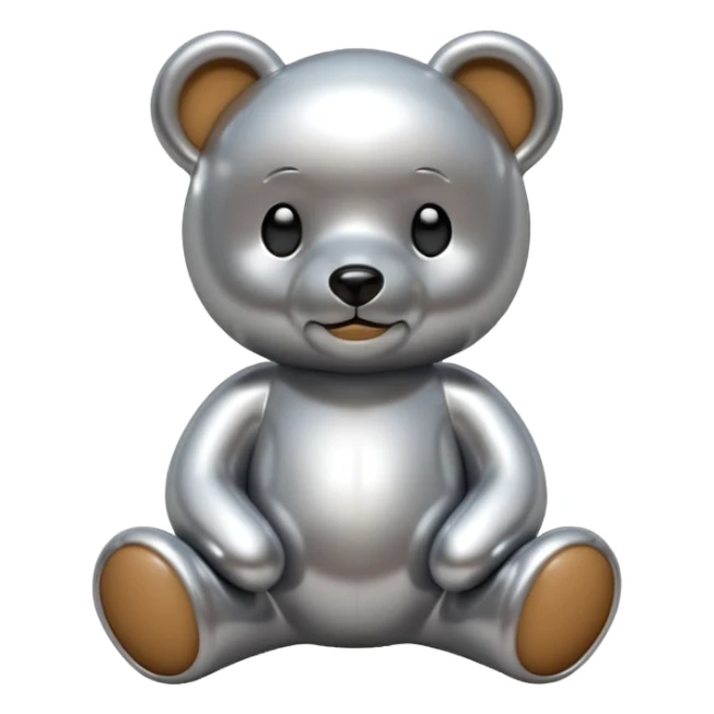 A cute teddy bear emoji made of liquid silver chrome, smooth rounded body, glossy metallic surface, soft reflections, friendly proportions, iOS emoji style, centered, clean white background sticker