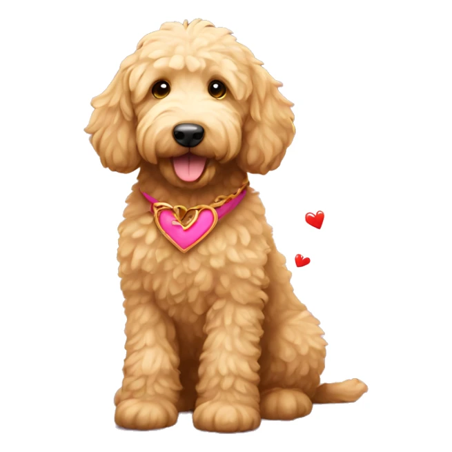 Golden doodle holding a heart sticker