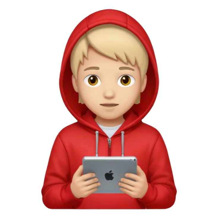 Teen gaming on tablet, red hoodie sticker