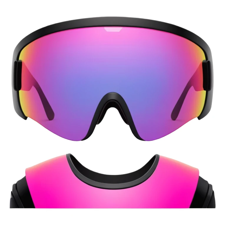 sporty neon pink shield visor sunglasses with thick black frame and integrated elastic strap, oversized one-piece mirrored lens, extremely durable design sticker
