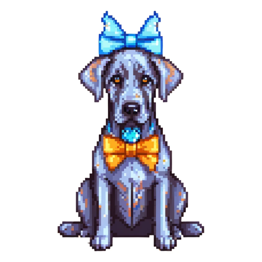 Blue Great Dane dog with a sparkly bow on its ear, pixel art style sticker