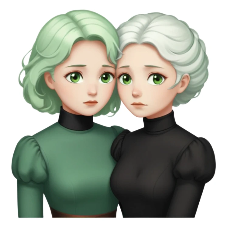 Two Victorian women with light green eyes in a sad, intimate embrace. One has bright white coiffed hair, the other has dark copper coiffed hair. Both wearing Victorian turtleneck dresses, hugging tightly sticker