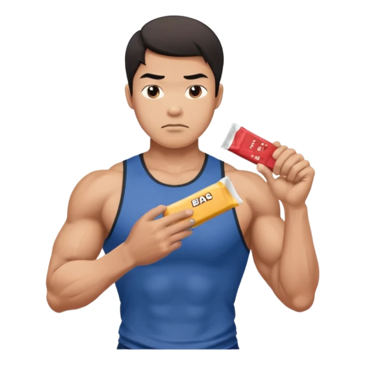 A asian male athlete holding a protein bar and frowning deeply sticker