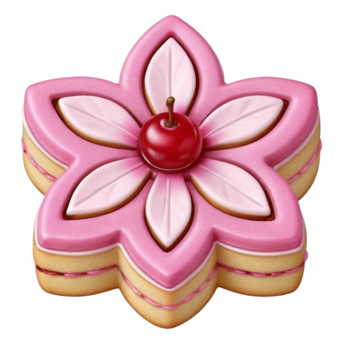 Realistic shortbread cookie in the shape of a cherry blossom with pale pink color jelly middle filling and sprinkled powder sugar on top. sticker