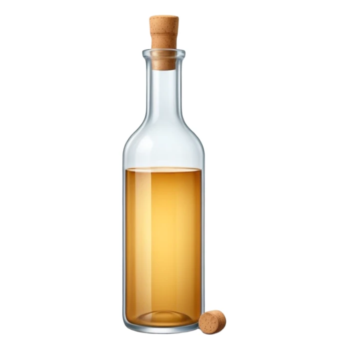 tall slender glass bottle with long neck and simple cork or screw cap, clear or frosted glass with transparent colorless liquid inside, elegant subtly curved silhouette, no label, no fruit, no extras, soft lighting, subtle shadows, emoji scale sticker