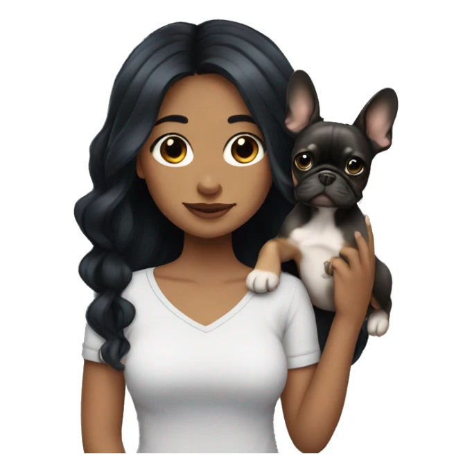 Girl with black long hair holding Merle Frenchie  sticker