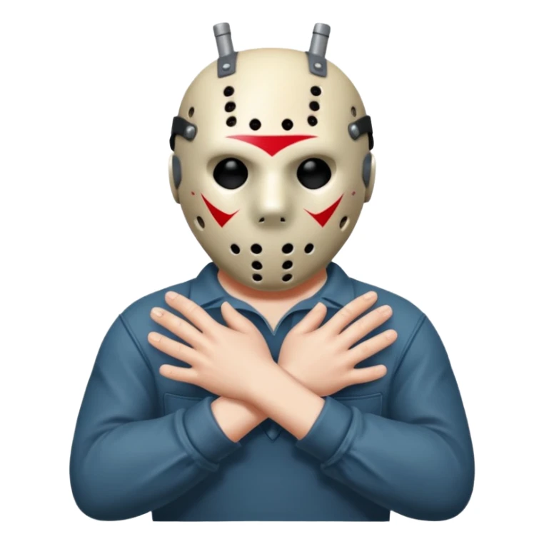 a cartoon image of Jason Voorhees, looking cute, with his hands clasped in front of him, at a sideways angle, looks like he is in love sticker