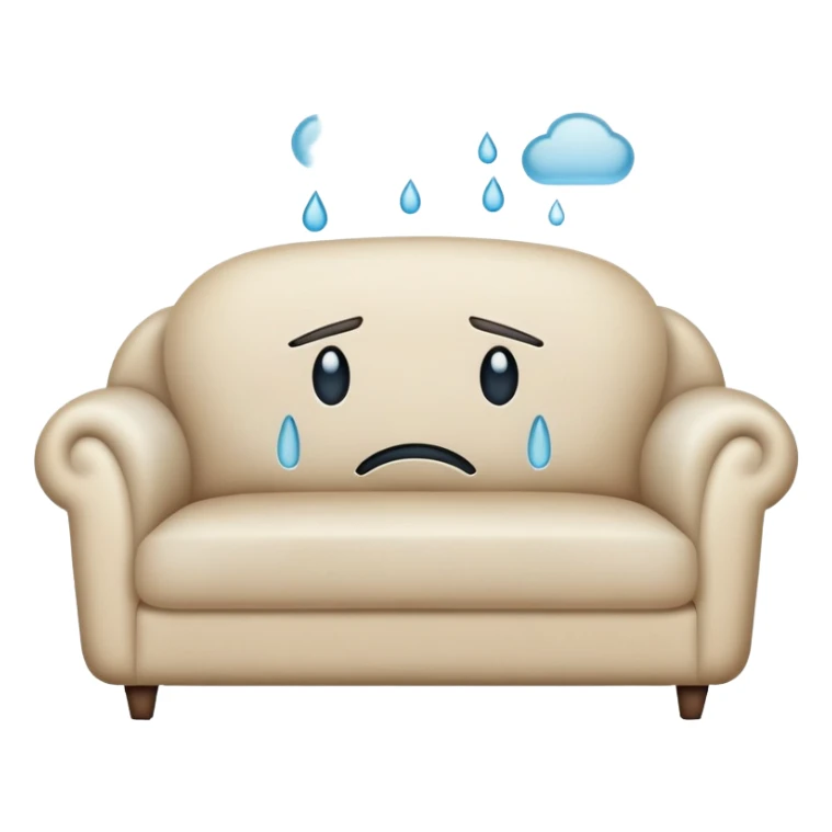 A modern couch with a face that is crying tears and looks sad.  sticker