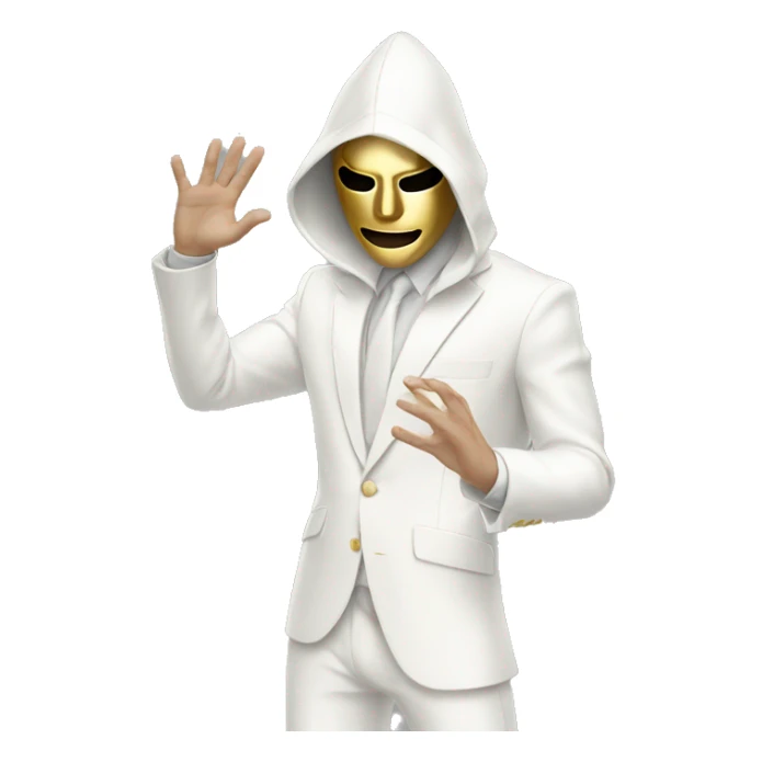 White suit white hood Guy with gold Mask raising his right hand and looking down sticker