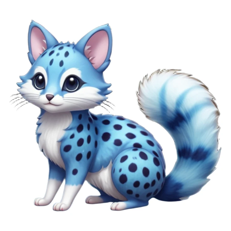 Hyper realistic  deep-ocean indigo fur seeded with bioluminescent plankton speckles beautiful elegant pretty precious cute  Fakémon-Pokémon-opossum-feline-serval-caracal-chinchilla-Furret-Minccino-hybrid-creature with a big fluffy bushy tail (full body) sticker