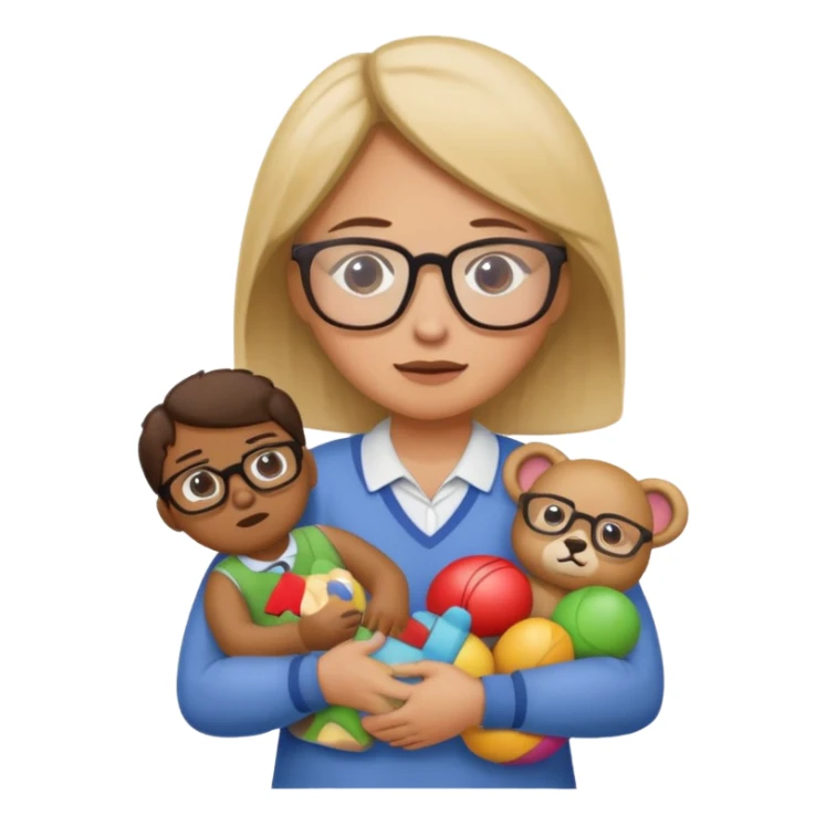 A kindergardenteacher carrying toys while looking exhausted and stressed. sticker