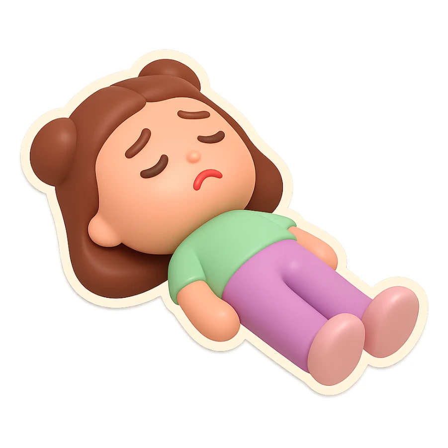 Create a vinyl figure style sticker of the girl from the reference image, lying on her back on the ground, looking sad, with a 'not alone' vibe. sticker