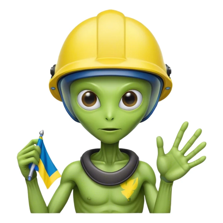 Green alien in helmet, with Ukraine flag in a hand sticker