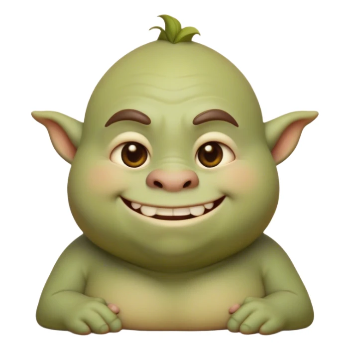 Cinematic Cute Ogre Portrait Emoji, with a surprisingly endearing, plump and huggable figure in soft earthy greens and browns, featuring big, kind eyes and a bashful smile, simplified yet irresistibly adorable, highly detailed with a soft glowing outline that captures the charm of a friendly giant who seems ready for a warm hug! sticker