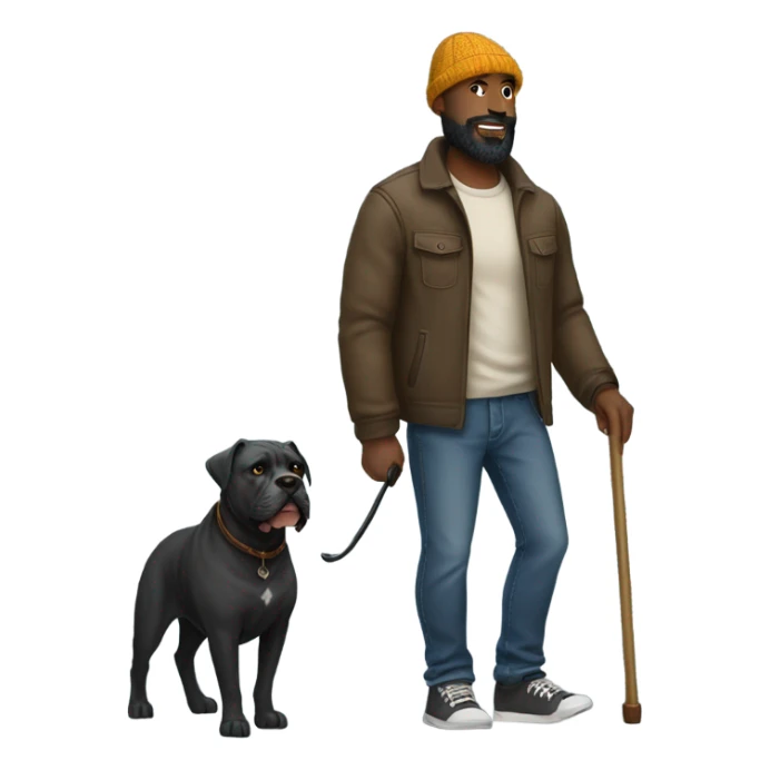 Black bald man with beard and beanie walking a Kane corso sticker