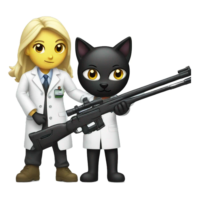 Sniper rifle aiming at black cat wearing a lab coat sticker