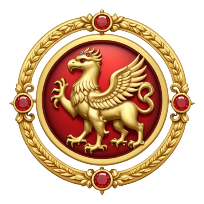 Golden griffin crest / brosch in a circle with red gems and no background sticker