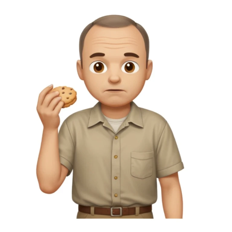 Carl from Sling Blade, full body, 3/4 angle, slouching, chin sticks out, grimacing, holding a biscuit sticker
