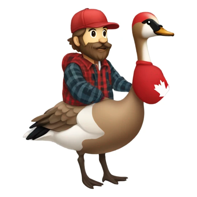 A man with a beard wearing a red flanel shirt with matching hat riding a canadian goose sticker