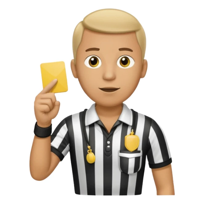 A calm referee with striped shirt, pointing clearly toward the field wearing whistle as a necklace sticker