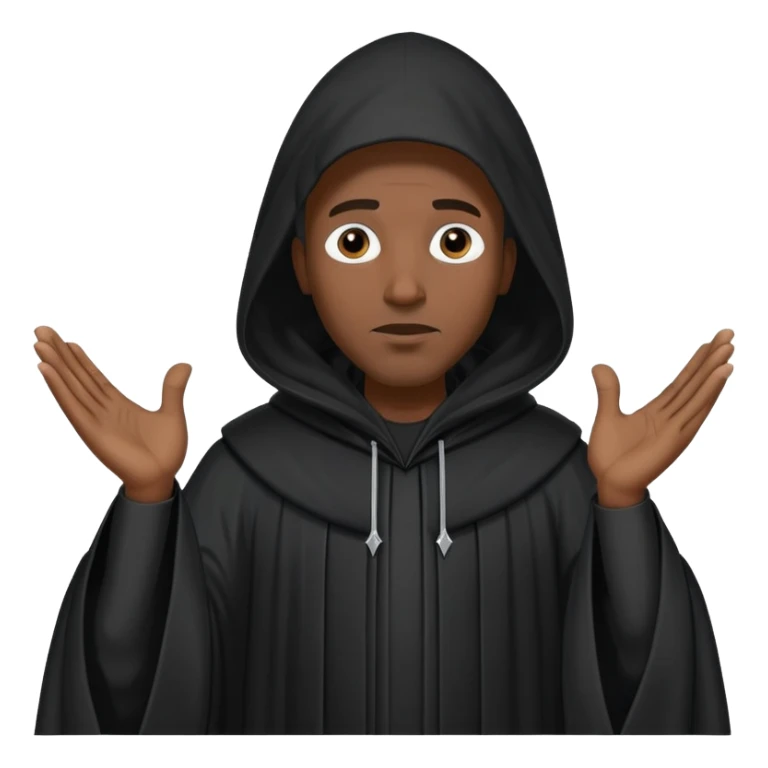 Black man wearing a long black robe with a tall pointed hood, face fully covered except for two small eye holes, standing confidently with hands gesturing in conversation. sticker