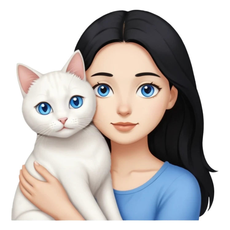 Mujer de pelo negro, con ojos cafés, abrazando a un gato blanco, con ojos azules ￼ sticker