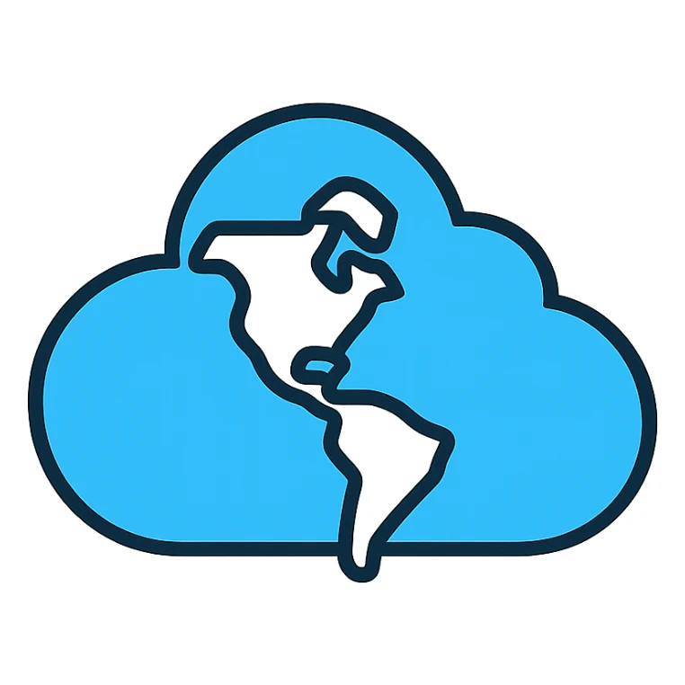 stylized cloud with subtle map of the Americas, icon style, flat design, blue and white sticker