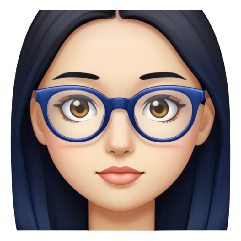 Create a girl with mid short kinda long black hair, shes light tan pinkish with dark blue glasses on the top and clear on the bottom sticker