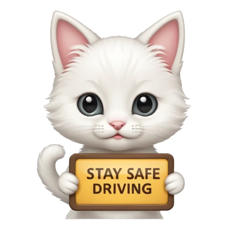 Cute White kitten with a sign that says, Stay safe driving! sticker