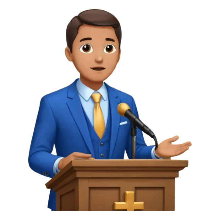 pastor with blue suits preaching in front of a pulpit with a cross behind him on the wall sticker