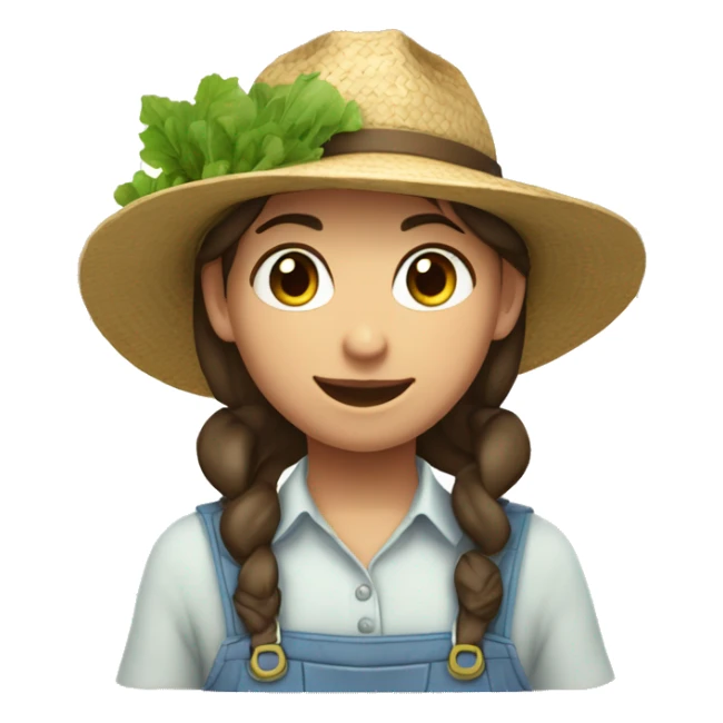 farmer girl, light blue eyes, dark brown hair, with a straw hat, ponytail, holding greens sticker