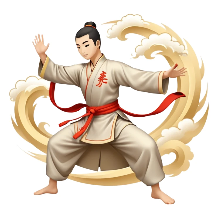 Emblem symbolizing Wushu martial arts. A graceful martial artist performs a dynamic kung fu pose, with flowing movements and a long, elegant robe. The background features stylized clouds and traditional Chinese symbols, representing fluidity, balance, and precision. Transparent background. sticker