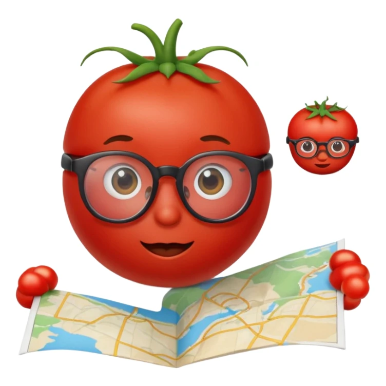 cute tomato wearing glasses, looking at a map sticker